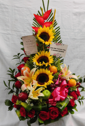 Arreglo frutal con girasoles, rosas y lirios R01